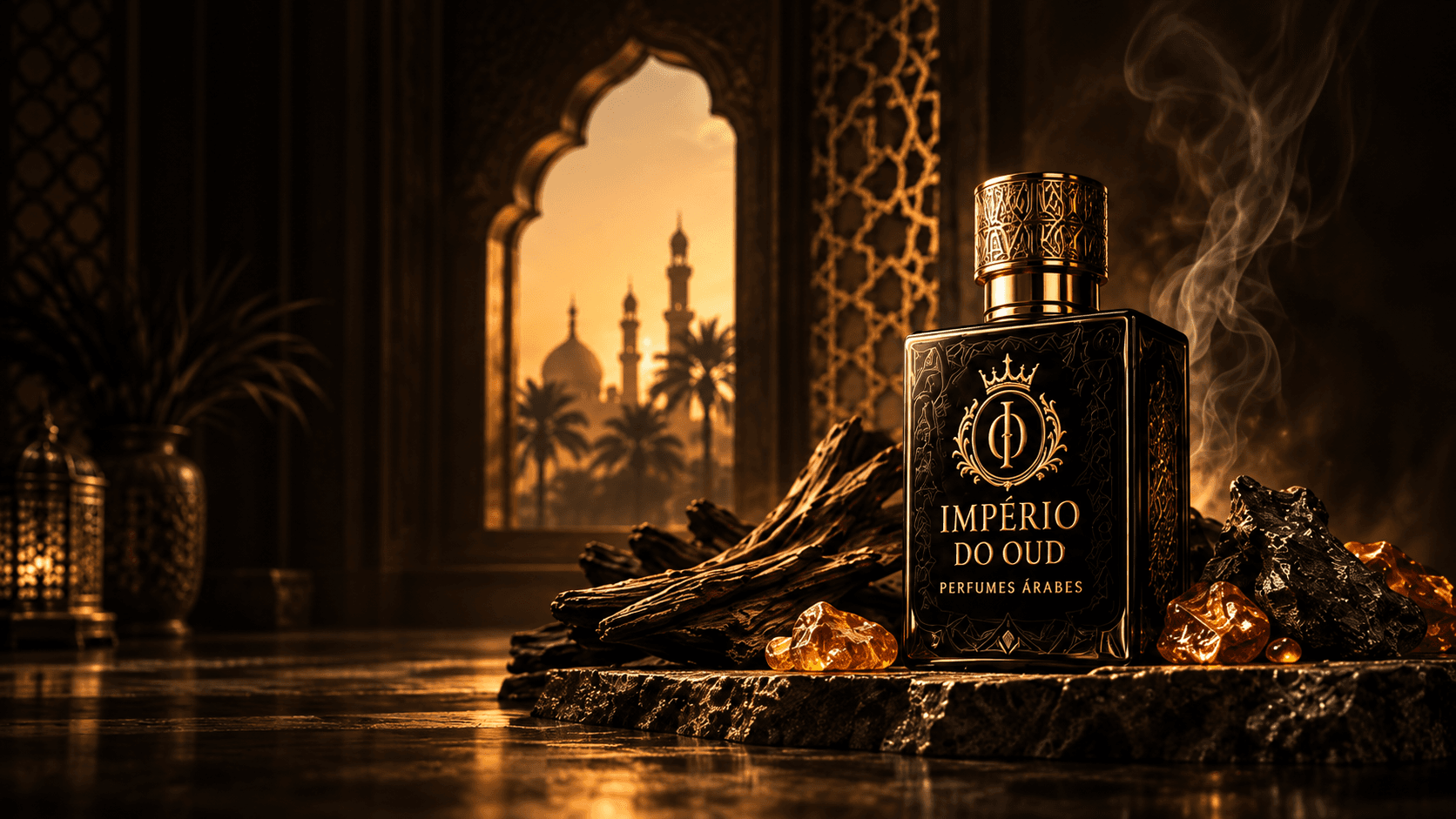 Frasco Império do Oud entre madeira de oud e âmbar, com uma mesquita ao fundo