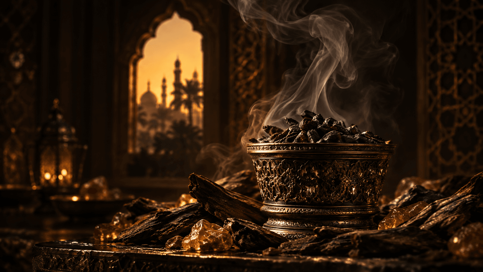 Incensário dourado com oud queimando, tradição árabe